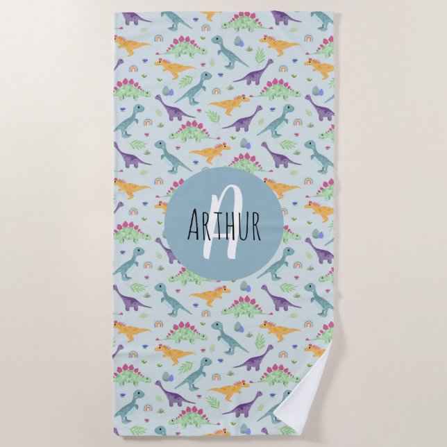 Toalla De Playa Niños con patrones de dinosaurios azules (Anverso)