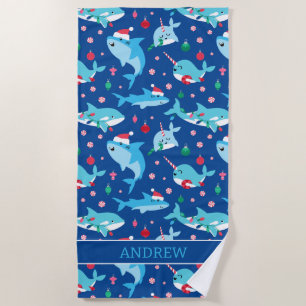 Toalla De Playa Niños Navidades Shark Narwhal Personalizado