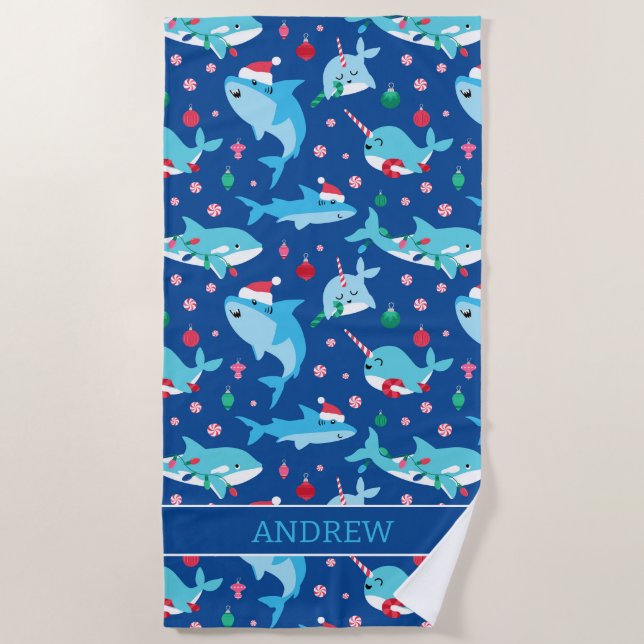Toalla De Playa Niños Navidades Shark Narwhal Personalizado (Anverso)