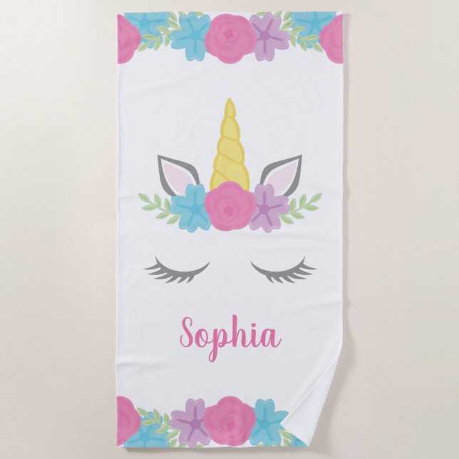 Toalla De Playa Niños personalizados cara floral del unicornio (Anverso)