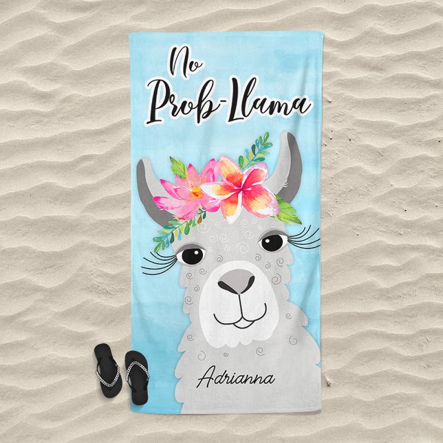 Toalla De Playa No Prob-Llama Tropical Floral Gray Llama Cute (No Prob Llama Beach Towel)