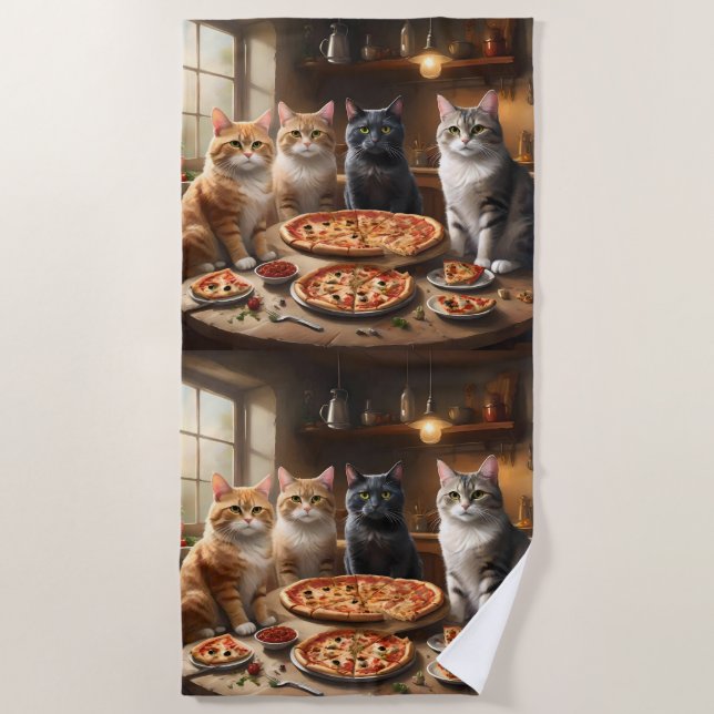 Toalla De Playa Noche de Pizza de Gatos, (Anverso)