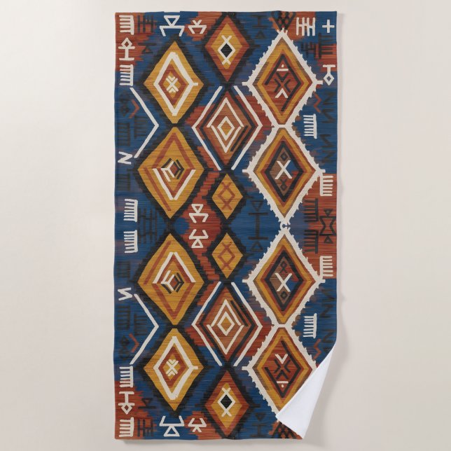 Toalla De Playa Nómada Índigo Terroso – Patchwork Tribal Artesanal (Anverso)