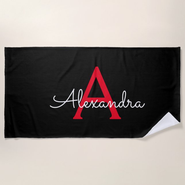 Toalla De Playa Nombra de monograma de guión negro rojo (Anverso)