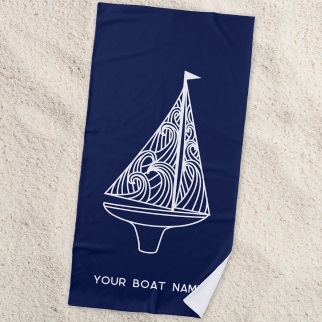 Toalla De Playa Nombramiento de barco de vela Nautical Naval Blue (Your boat name custom text sailing boat yacht navy blue beach towel)