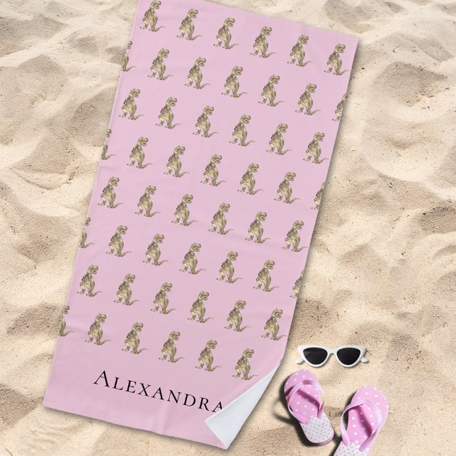 Toalla De Playa Nombre Chica personalizado Dinosaurio (Personalized girl monogram name Jurassic dinosaur pattern pink beach towel Prehistoric T-Rex dino )