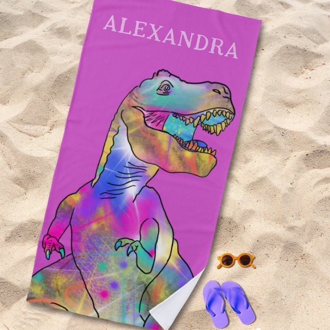 Toalla De Playa Nombre Chica personalizado Dinosaurio (Colorful dinosaur T-rex custom name pink beach towel funky dino for girls)