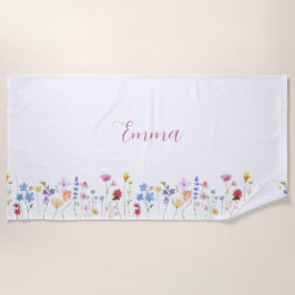 Toalla De Playa Nombre de acuarela Flor silvestre Minimalista Boho