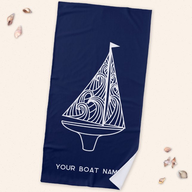 Toalla De Playa Nombre de Barco de Vela Azul Marítimo (Your boat name custom text sailing boat yacht navy blue beach towel)