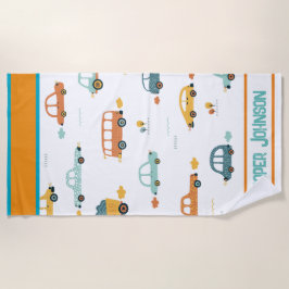 Toalla De Playa nombre de coche personalizado azul pastel y naranj