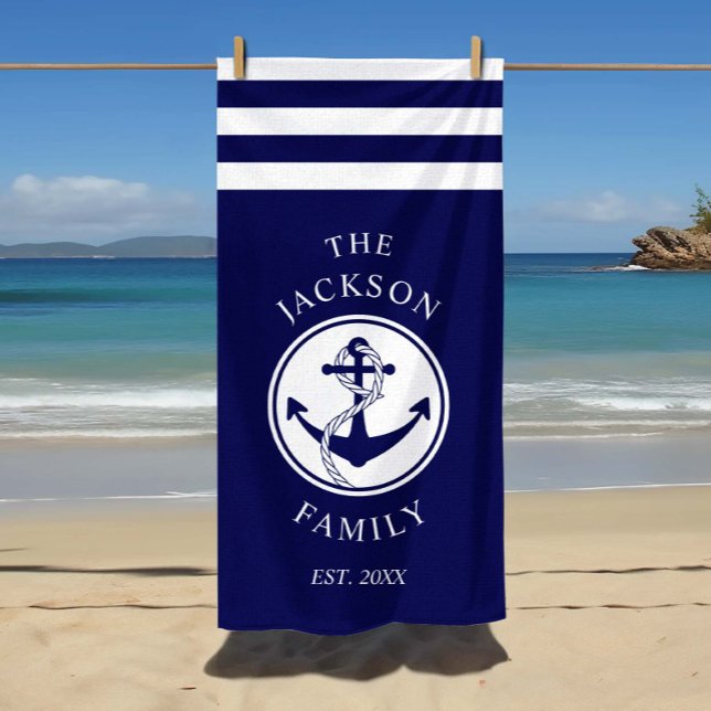 Toalla De Playa Nombre de familia Bandas de anclaje náuticas (Custom Family Name Nautical Ship Anchor Stripes Beach Towel)