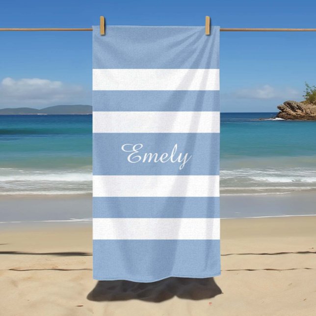 Toalla De Playa Nombre de franjas azules modernas (Modern Blue Stripes Name Beach Towel)