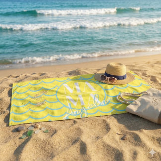 Toalla De Playa Nombre de guión personalizado de MAMA Amarillo Azu