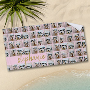 Toalla De Playa Nombre de guión rosado y dorado de más de 6 Collag