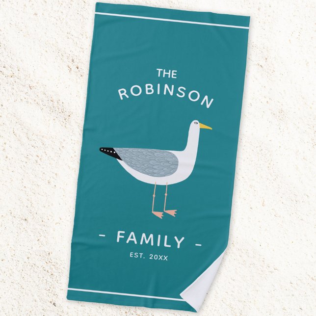 Toalla De Playa Nombre de la familia de la gaviota náutica (Seagull coastal family est date fun beach towel)