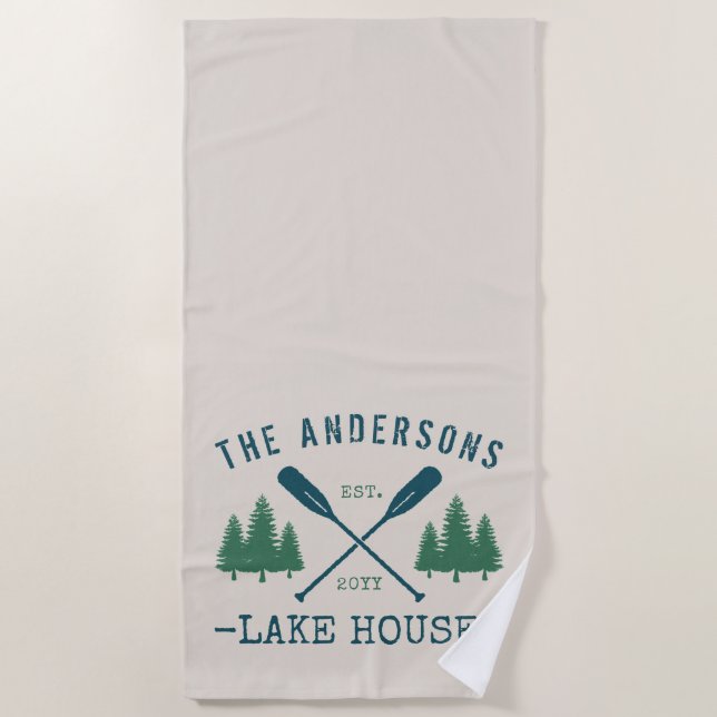Toalla De Playa Nombre de la familia Lake House Rustic Oars Pine T (Anverso)