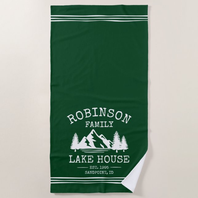 Toalla De Playa Nombre de la familia Lake House Trees Forest Green (Anverso)