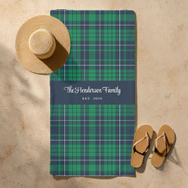 Toalla De Playa Nombre de la familia Rustic Green Blue Plaid