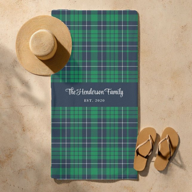 Toalla De Playa Nombre de la familia Rustic Green Blue Plaid (Rustic Green Blue Plaid Family Name Beach Towel)