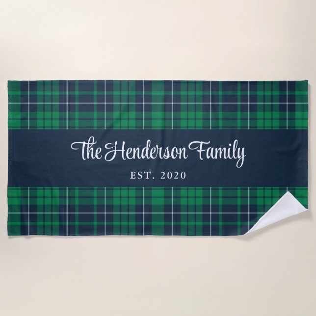 Toalla De Playa Nombre de la familia Rustic Green Blue Plaid (Anverso)