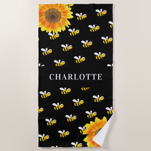 Toalla De Playa Nombre de las abejas girasoles amarillos negros (Anverso)
