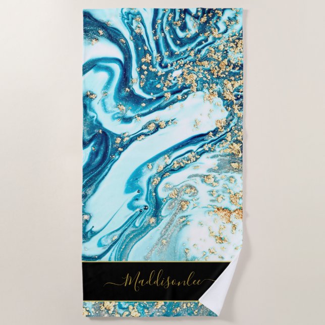 Toalla De Playa Nombre de monograma de la Moda de oro azul moderna (Anverso)