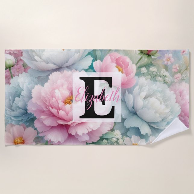 Toalla De Playa Nombre de monograma en acuarela Flores en pasteles (Anverso)