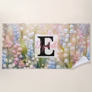 Toalla De Playa Nombre de monograma en acuarela Flores en pasteles