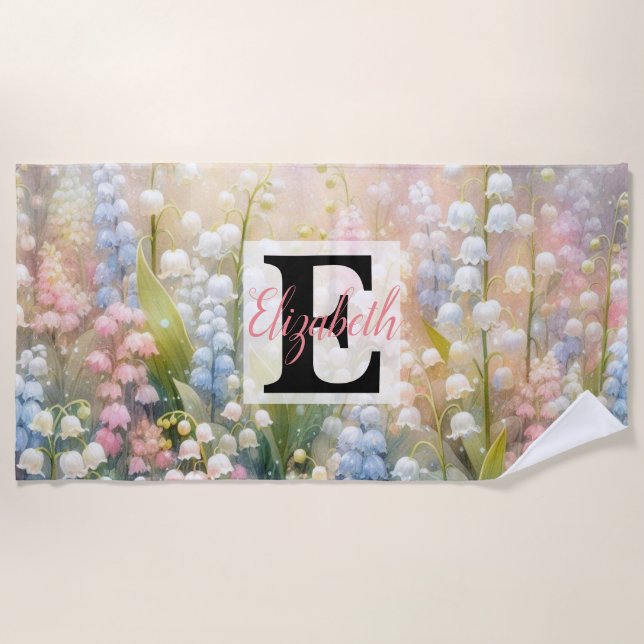 Toalla De Playa Nombre de monograma en acuarela Flores en pasteles (Anverso)