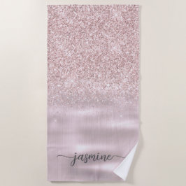Toalla De Playa Nombre de Monograma Glam Glitter Rosa Dorado Escri