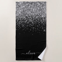 Toalla De Playa Nombre de monograma glitter plateado negro femenin