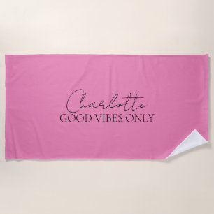 Toalla De Playa Nombre de monograma minimalista elegante Rosa 