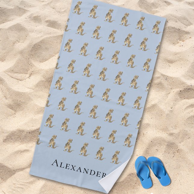 Toalla De Playa Nombre de niño personalizado Dinosaur Blue (Personalised boy name dinosaur blue beach towel kids Jurassic T-Rex dino pattern with monogram name )