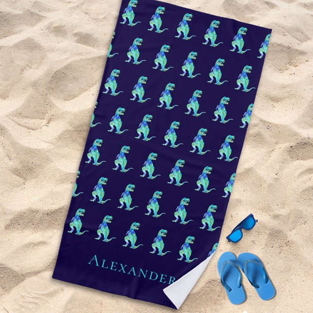 Toalla De Playa Nombre de niño personalizado Dinosaur Blue (Personalized boy name dinosaur blue green beach towel Jurassic T-Rex dino kids monogram name gift)
