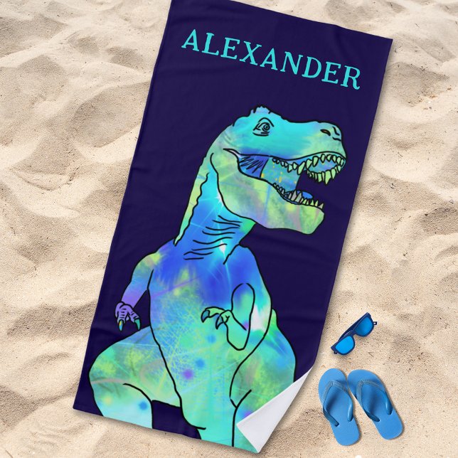 Toalla De Playa Nombre de niño personalizado Dinosaur Blue (Personalized boy name dinosaur blue green beach towel psychedelic funky T-Rex dino kids monogram )