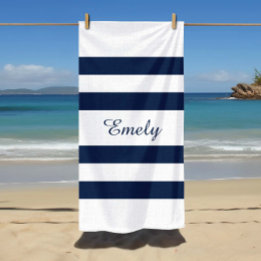 Toalla De Playa Nombre de patrón de rayas blancas y azules elegant