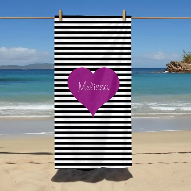 Toalla De Playa Nombre De Patrón De Rayas Blancas Y Negros Cuadros (LOVE Pink Heart Black & White Stripes Pattern Name Beach Towel)