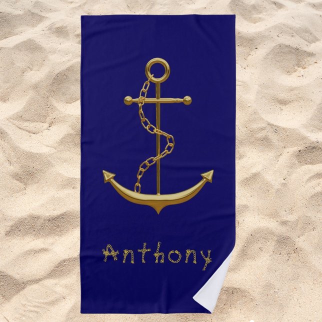 Toalla De Playa Nombre del ancla de oro azul marino (Subido por el creador)