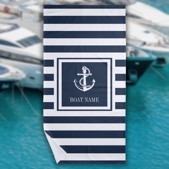 Toalla De Playa Nombre del barco de anclaje náutico con franja azu (Navy Blue Striped Nautical Anchor Boat Name Beach Towel)