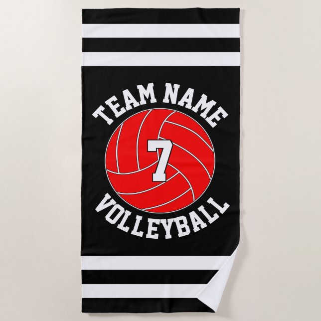 Toalla De Playa Nombre del equipo de voleibol rojo y Personalizado (Anverso)