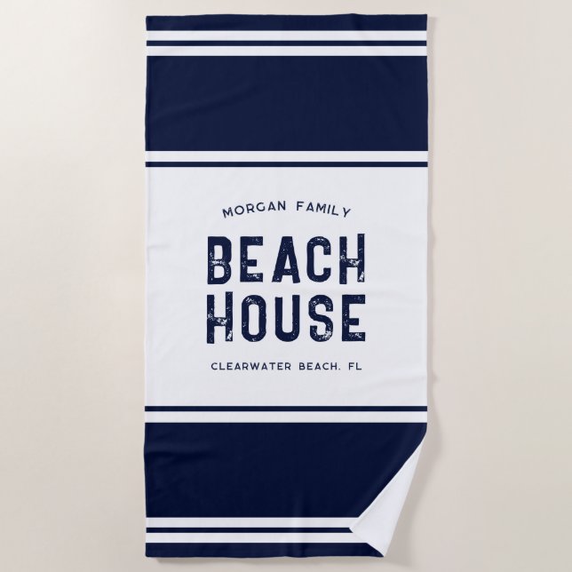 Toalla De Playa Nombre familiar Vacation Beach House Navy Blue (Anverso)