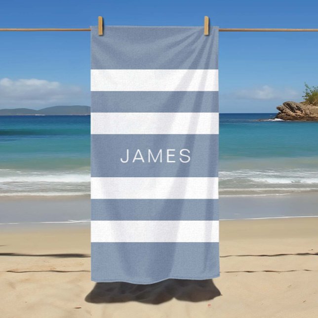 Toalla De Playa Nombre moderno de rayas azules y polvorientas (Modern Dusty Blue Striped Name Beach Towel)