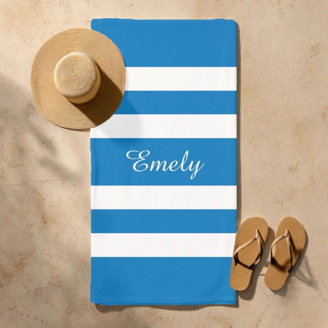 Toalla De Playa Nombre moderno Piscina de rayas azules francesas (Modern Name French Blue Striped Pool Beach Towel)