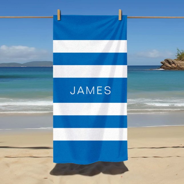Toalla De Playa Nombre moderno Piscina de rayas azules francesas (Modern Name French Blue Striped Pool Beach Towel)