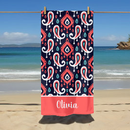 Toalla De Playa Nombre Monograma de Paisley Ikat Azul Marino y Cor