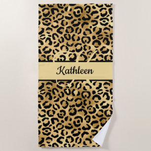 Toalla De Playa Nombre Monograma Estampado Leopardo Guepardo Negro