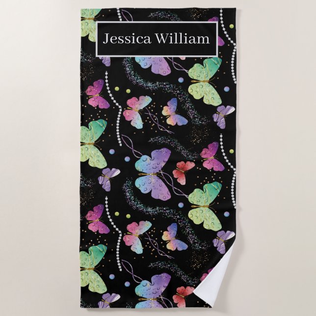 Toalla De Playa Nombre personal Elegante Morado Brillante Mariposa (Anverso)