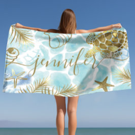 Toalla De Playa Nombre personal tropical de tortuga dorada