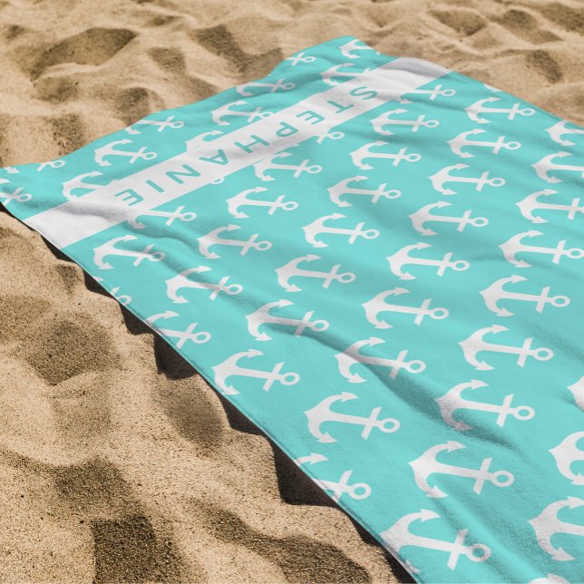 Toalla De Playa Nombre personalizado Anclaje blanco azul turquesa (Subido por el creador)