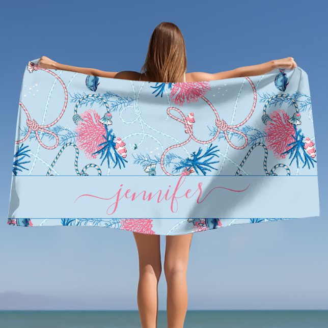 Toalla De Playa Nombre personalizado bajo el patrón de arrecife ma (Personalized Name Under the Sea Reef Pattern Beach Towel)